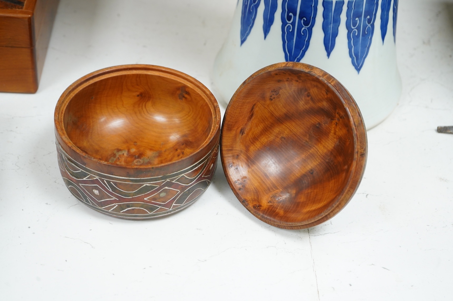 A collection of assorted 20th century yew wood boxes